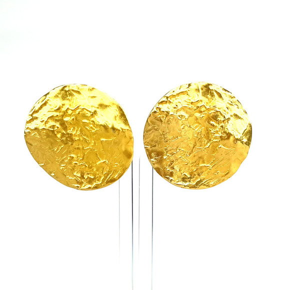 Vintage KJL Kenneth Jay Lane Gold Crinkled Textured Clip On Earrings Circle Disk - Picture 1 of 5